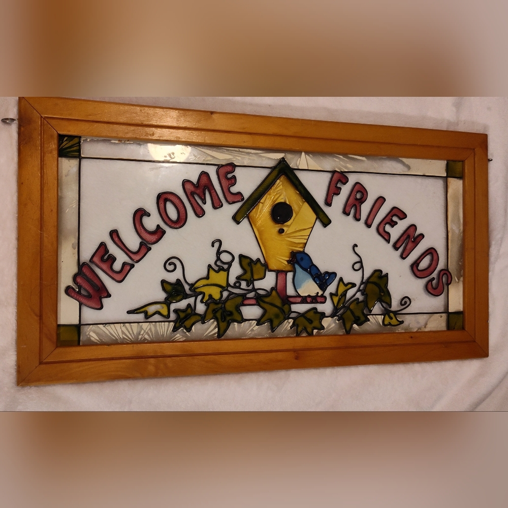 Vintage Open Windows Stained Glass "Welcome Friends"